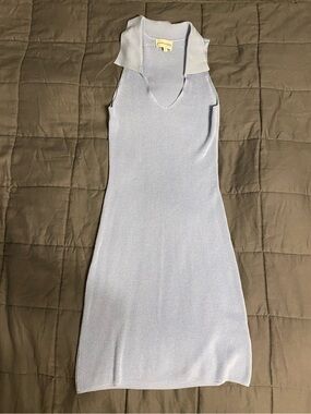 Freshman Light Blue Sleeveless Knit Midi Dress with Collared V-Neck
